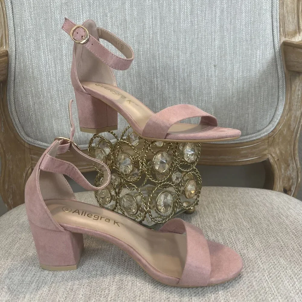 Allegra K Ankle Strap Block Low Heel Sandal Women's 6 Light Pink Wedding Summer - Picture 1 of 12